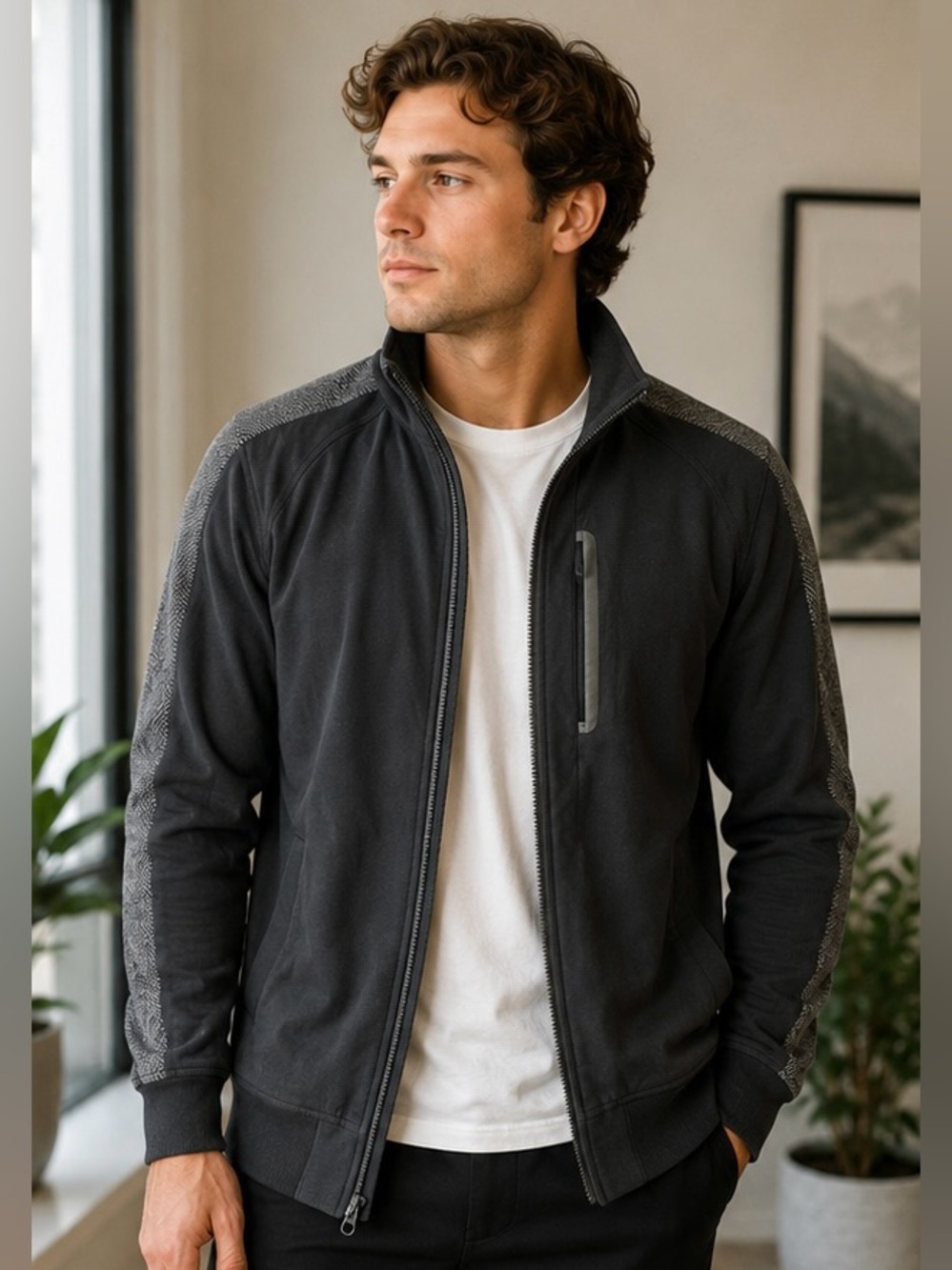 Lululemon Men’s Full Zip Jacket Medium Black Grey Herringbone Track Jacket